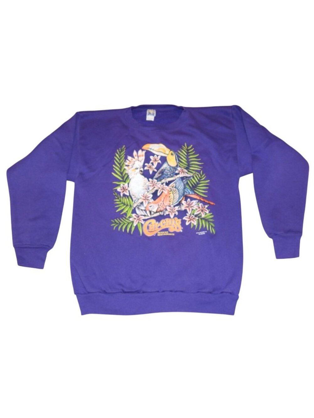 Vintage 1991 Chi Chi’s Mexican Restaurante Tropical Birds Sweatshirt Purple XL